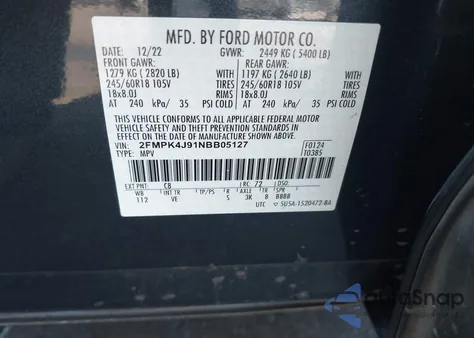 2022 Ford Edge Sel из США, поврежденный, VIN 2FMPK4J91NBB05127